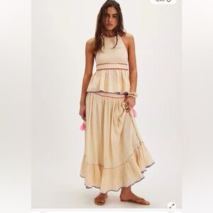 Free People Cream Tiered Maxi Set with Pink & Purple Trim